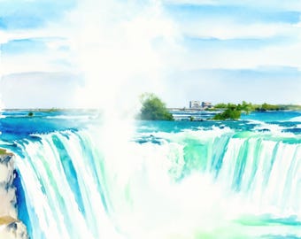 Pode incluir: Uma pintura em aguarela das cataratas do Niágara com água turquesa e branca em cascata sobre uma borda rochosa. Uma grande coluna de névoa eleva-se num céu azul brilhante com nuvens suaves, enquanto árvores verdes alinham o horizonte.