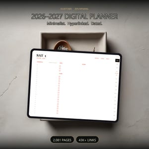 May include: A digital tablet displaying a 2026-2027 digital planner with a daily schedule, task list, and notes section. The screen shows Saturday, January 1st. Text includes QUIET TABS, ZEN MINIMAL, 2026-2027 DIGITAL PLANNER, 2,081 PAGES, and 43K+ LINKS.