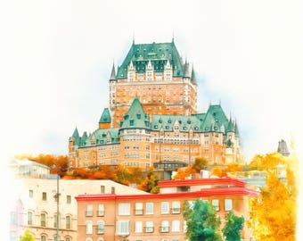 Pode incluir: Uma pintura em aguarela do Fairmont Le Château Frontenac na cidade do Quebeque, com os seus icónicos telhados de cobre verde e fachada de tijolo bege, sobre um primeiro plano de edifícios e árvores de outono com folhagem amarela.