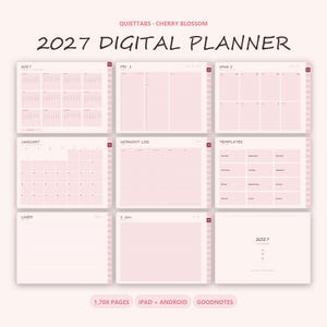 以下が含まれることがあります： Quiettabs Cherry Blossomというタイトルの2027年版デジタルプランナー。淡いピンク色の配色で、年間カレンダー、日次・週次スケジュール、ワークアウトログ、テンプレート、罫線ページが含まれています。合計1708ページで構成されています。