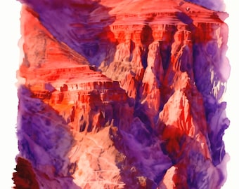 Pode incluir: Uma pintura em aguarela de um desfiladeiro profundo com formações rochosas íngremes e estratificadas em tons vibrantes de vermelho, laranja e roxo profundo. Um caminho sinuoso é visível ao longo da parede rochosa até um rio verde-pálido.