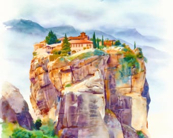 Pode incluir: Uma pintura em aguarela que retrata um mosteiro empoleirado no topo de uma formação rochosa alta e escarpada. A estrutura apresenta telhados cor de terracota e paredes de pedra, rodeada por árvores verdes, contra um fundo de montanhas azuis.