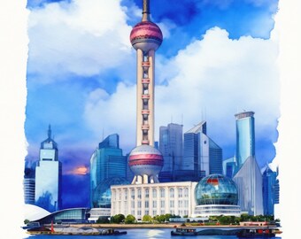 Pode incluir: Uma pintura em aguarela da Oriental Pearl Tower em Xangai, com as suas esferas cor-de-rosa icónicas e antena alta contra um céu azul brilhante com nuvens brancas. O horizonte da cidade é visível atrás da torre, com água em primeiro plano.