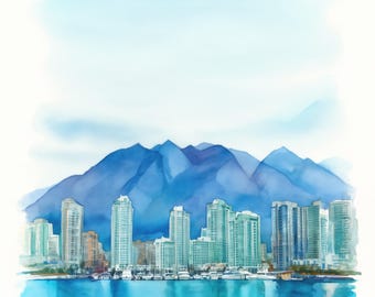 Pode incluir: Uma pintura em aguarela de um horizonte urbano com altos arranha-céus de vidro ao longo de uma orla marítima e uma marina. Atrás dos edifícios, grandes montanhas azuis erguem-se contra um céu azul claro, com reflexos visíveis na água.