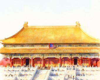 Pode incluir: Uma pintura em aguarela de um grande palácio chinês tradicional com um telhado de telhas amarelo brilhante, pilares vermelhos e detalhes arquitetónicos ornamentados. Uma larga escadaria de pedra conduz à entrada, com muitas figuras.