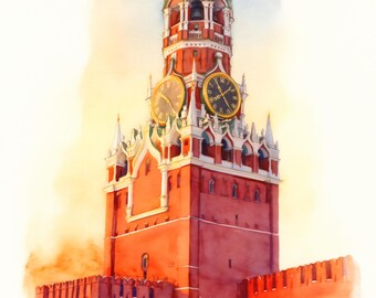 Pode incluir: Uma pintura em aguarela da Torre Spasskaya, apresentando uma estrutura alta de tijolo vermelho com acabamentos brancos, dois grandes mostradores de relógio circulares e uma estrela vermelha proeminente no topo, sobre um fundo suave.