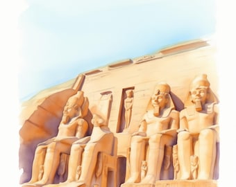 Pode incluir: Uma ilustração em aguarela da fachada do templo de Abu Simbel, apresentando quatro estátuas colossais sentadas de Ramsés II esculpidas na face da falésia de arenito, sob um céu azul claro com hieróglifos gravados na base.