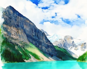 Pode incluir: Uma pintura em aguarela de um lago glaciar turquesa situado sob imponentes e escarpados picos montanhosos. As encostas estão cobertas por densas florestas de pinheiros, enquanto os cumes distantes estão cobertos de neve sob um céu azul.