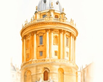 Pode incluir: Uma pintura em aguarela da Radcliffe Camera em Oxford, apresentando um edifício circular de pedra amarelo-dourada com colunas clássicas, uma porta central em arco, degraus de pedra e uma cúpula cinzenta com uma pequena lanterna.