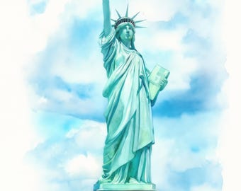Pode incluir: Uma ilustração em aguarela da Estátua da Liberdade num tom verde-azulado claro, sobre um pedestal de pedra. A figura segura uma tocha dourada no alto com a mão direita e uma tábua retangular na esquerda, contra um céu azul.