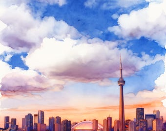 Pode incluir: Uma pintura em aquarela do horizonte de Toronto com a CN Tower e o estádio em cúpula contra um céu ao pôr do sol com nuvens brancas fofas. Os edifícios da cidade refletem-se na água calma, em tons de azul, laranja e rosa.