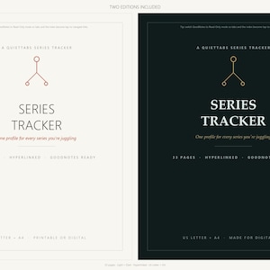 Puede incluir: Dos ediciones de rastreador de series digitales, una clara y otra oscura, con el texto A QUIET TABS SERIES TRACKER, SERIES TRACKER, One profile for every series you're juggling, 53 PAGES, HYPERLINKED, GOODNOTES READY, US-LETTER, A4, PRINTABLE OR DIGITAL.