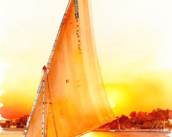 Pode incluir: Uma pintura em aguarela de um veleiro felucca tradicional com uma grande vela triangular laranja com riscas verticais e pequenas marcas escuras. O barco flutua em águas calmas durante um vibrante pôr do sol dourado com um sol amarelo.