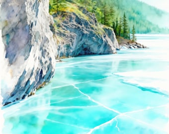 Pode incluir: Uma pintura em aquarela de um lago congelado de cor turquesa com rachaduras brancas no gelo, delimitado por um penhasco de rocha cinzenta alto e irregular à esquerda e uma densa floresta de pinheiros verde ao longo da margem sob um céu azul.