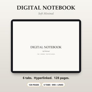 May include: A digital notebook displayed on a tablet screen with a black frame. The text reads DIGITAL NOTEBOOK, Soft Minimal, 6 TABS - HYPERLINKED - TAP ANY TAB TO NAVIGATE. Below the tablet, text states 6 tabs. Hyperlinked. 128 pages. 128 PAGES, 6 TABS 890+ LINKS.