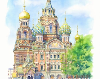 Pode incluir: Uma pintura em aguarela da Igreja do Salvador sobre o Sangue Derramado em São Petersburgo, com cúpulas em forma de cebola multicoloridas, fachadas de tijolo ornamentadas e espirais douradas, situada junto a um canal com uma árvore verde.