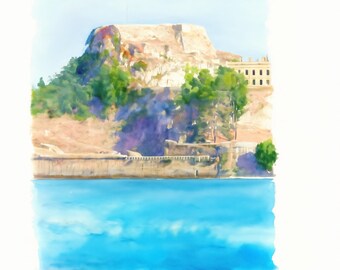 Pode incluir: Uma pintura em aguarela que retrata uma colina rochosa coroada com antigas estruturas de pedra e árvores verdes luxuriantes, situada sobre um corpo de água azul vibrante. A cena apresenta uma falésia clara e um céu limpo e luminoso.