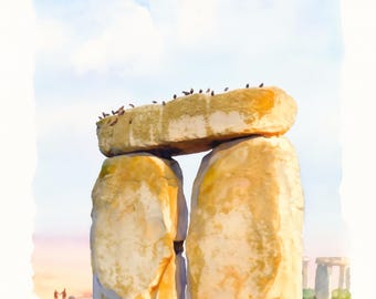 Pode incluir: Uma pintura em aguarela do monumento de Stonehenge com duas grandes pedras verticais cobertas por uma pedra horizontal. As pedras têm texturas em tons de bege e amarelo, sobre um céu azul suave e relva verde.