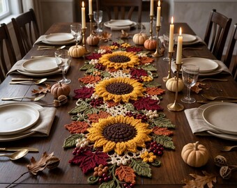 Sunflower Table Runner Crochet Pattern PDF, Autumn Floral Vine, Thanksgiving Farmhouse Decor