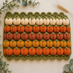May include: A rectangular crochet blanket featuring a repeating pattern of small, stuffed pumpkins in rows of cream, orange, rust, and mustard yellow. The piece is finished with a decorative green scalloped border along the top and bottom edges.