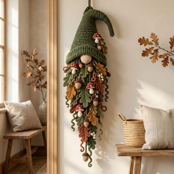 Gnome Wall Hanging Crochet Pattern PDF, Woodland Leaf Beard with Mushrooms & Acorns