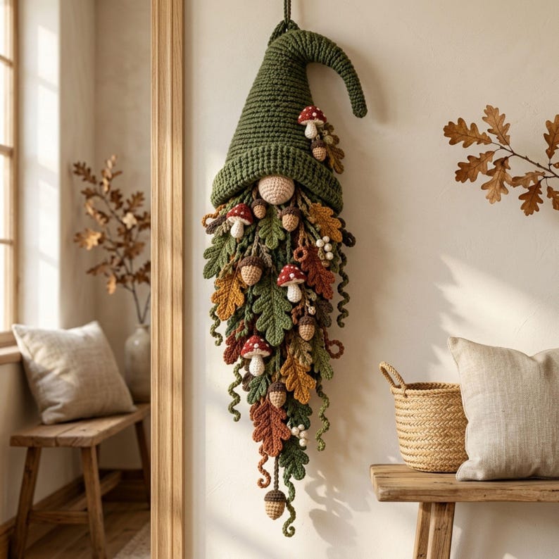 Gnome Wall Hanging Crochet Pattern PDF, Woodland Leaf Beard with Mushrooms & Acorns