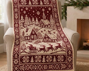 Christmas Village Crochet Blanket Pattern PDF, Nordic Winter Tapestry Crochet Throw, Reindeer Church Afghan