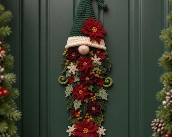 Crochet Christmas Gnome Door Hanger Pattern PDF, Poinsettia Wall Decor