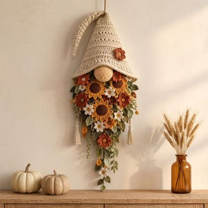 Crochet Gnome Wall Hanging Pattern PDF, Sunflower Floral Gnome Decor, Boho Botanical Wall Art, Instant Download