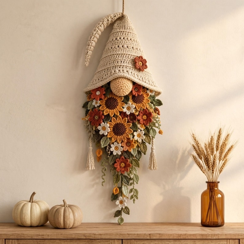 Crochet Gnome Wall Hanging Pattern PDF, Sunflower Floral Gnome Decor, Boho Botanical Wall Art, Instant Download