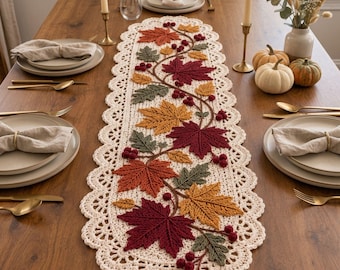 Autumn Maple Leaf Crochet Table Runner Pattern PDF, Scalloped Lace, Fall Table Decor