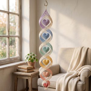 May include: A hanging spiral mobile featuring a series of six crocheted hearts in a vertical gradient of colours including purple, blue, green, yellow, peach, and red, suspended within a white crocheted ribbon structure that twists downwards.