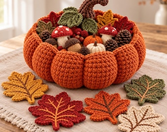 Crochet Pumpkin Bowl Pattern PDF, Autumn Table Decor & Leaf Coaster Set