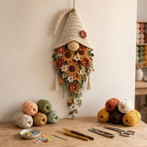 Crochet Gnome Wall Hanging Pattern PDF, Sunflower Floral Gnome Decor, Boho Botanical Wall Art, Instant Download