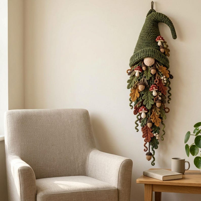 Gnome Wall Hanging Crochet Pattern PDF, Woodland Leaf Beard with Mushrooms & Acorns