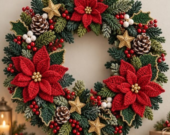 Crochet Christmas Wreath Pattern PDF, Poinsettia Door Wreath, Holly, Berries, Pinecones & Gold Stars