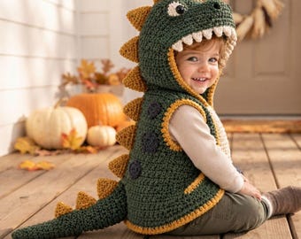 Dinosaur Vest Crochet Pattern PDF, Toddler Hooded Dino Costume, Size 2–4 Years