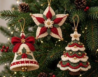Crochet Christmas Ornament Trio Pattern PDF, 3-in-1 Star Bell & Tree