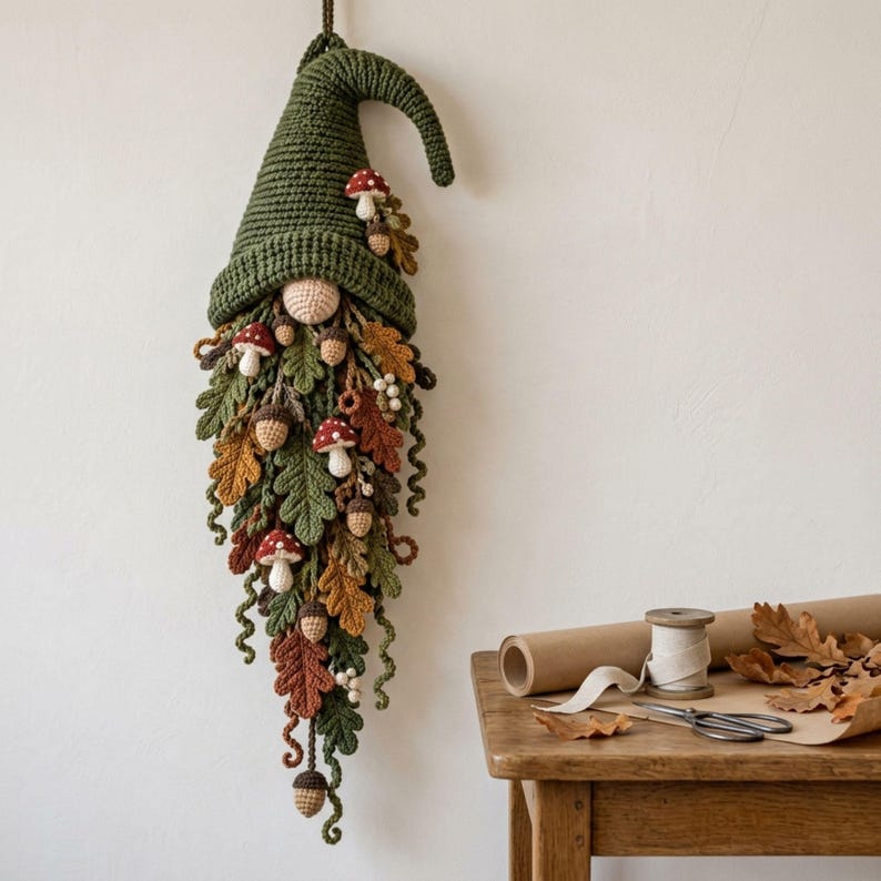 Gnome Wall Hanging Crochet Pattern PDF, Woodland Leaf Beard with Mushrooms & Acorns