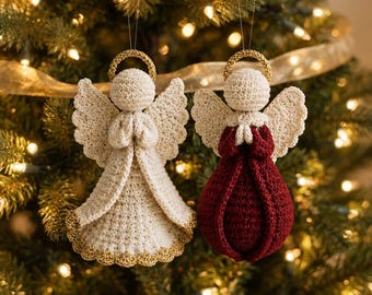Crochet Angel Ornament Pattern PDF, 2 Christmas Angels, Ivory Bell and Ruby Petal Tree Decor