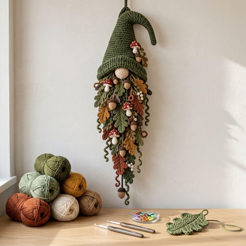 Gnome Wall Hanging Crochet Pattern PDF, Woodland Leaf Beard with Mushrooms & Acorns