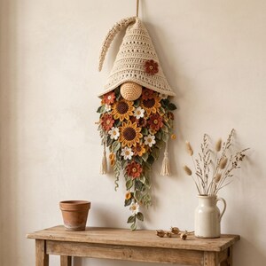 Crochet Gnome Wall Hanging Pattern PDF, Sunflower Floral Gnome Decor, Boho Botanical Wall Art, Instant Download