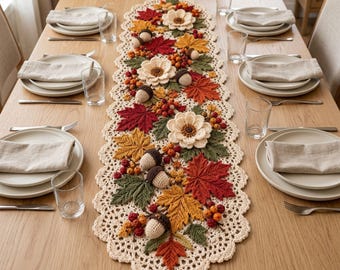 Autumn Crochet Table Runner Pattern PDF: Maple Leaves, Acorns & Lace