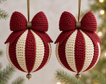 Crochet Christmas Ornament Pattern PDF, Red & Cream Bauble with Bow, Holiday Tree Decor