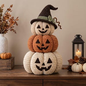 Virkat pumpamönster PDF, Jack O'Lantern Trio med häxhatt, Halloweendekoration