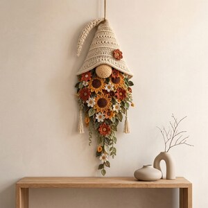 Crochet Gnome Wall Hanging Pattern PDF, Sunflower Floral Gnome Decor, Boho Botanical Wall Art, Instant Download