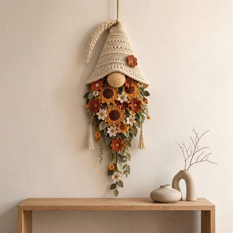 Crochet Gnome Wall Hanging Pattern PDF, Sunflower Floral Gnome Decor, Boho Botanical Wall Art, Instant Download