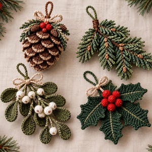 Puede incluir: Cuatro adornos navideños de ganchillo que incluyen una piña marrón con bayas rojas, una rama de pino verde, una ramita de muérdago con bayas blancas y un racimo de hojas de acebo con bayas rojas, cada uno con un pequeño lazo beige para colgar.