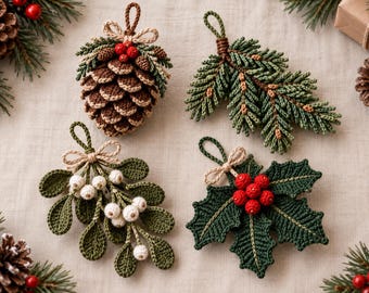 Christmas Crochet Ornament Pattern Bundle, Rustic Pinecone, Spruce, Mistletoe & Holly PDF