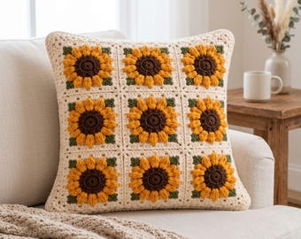 Sunflower Crochet Pillow Pattern PDF, 3D Granny Square Cushion, 18 Inch Farmhouse Decor